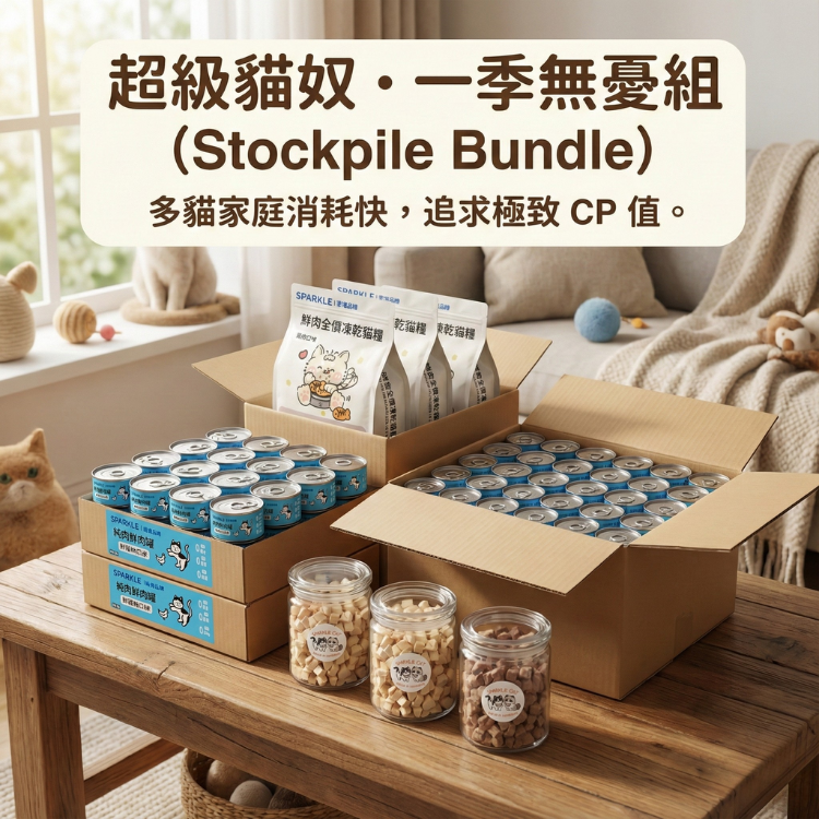 大折扣!超級貓奴・一季無憂組|1.5kg貓糧3包+48罐湯罐+3樽任選口味凍乾