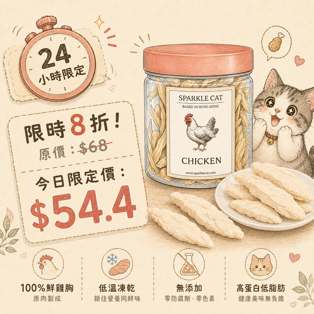 ⚡【24H快閃8折】原條凍乾鮮雞胸 (低脂高蛋白)｜磨牙潔齒・人食級